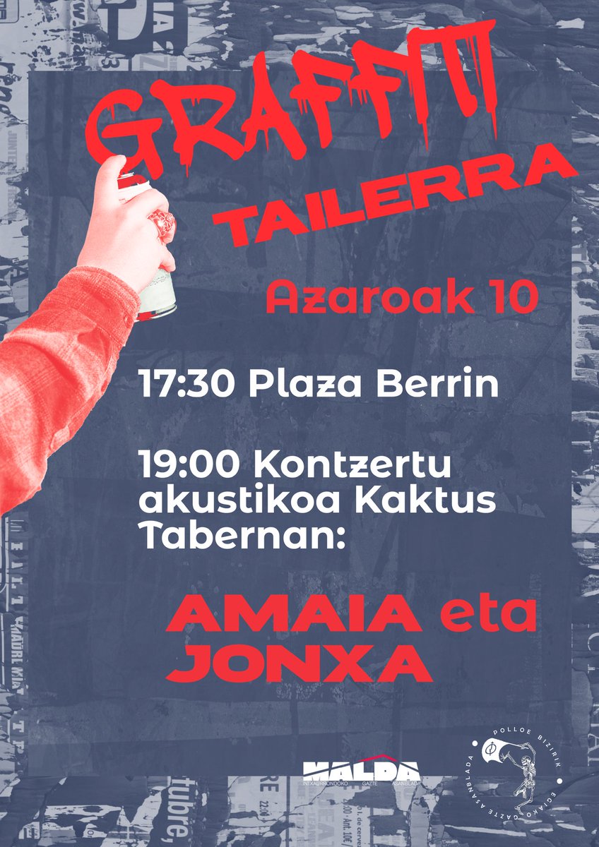 Egiakogazteak's tweet photo. Ostiral honetan, azaroak 10, @MALDAasanblada |rekin batera egitaraua antolatu dugu. 

17:30etan graffiti tailerra izango dugu Plaza Berrin (euria egiten badu Plaza Handin) eta ondoren 19:00etan kontzertu akustikoa Kaktus Tabernan, Amaia eta Jonxaren eskutik. 

Animatu! https://t.co/oSAJNPTf7H