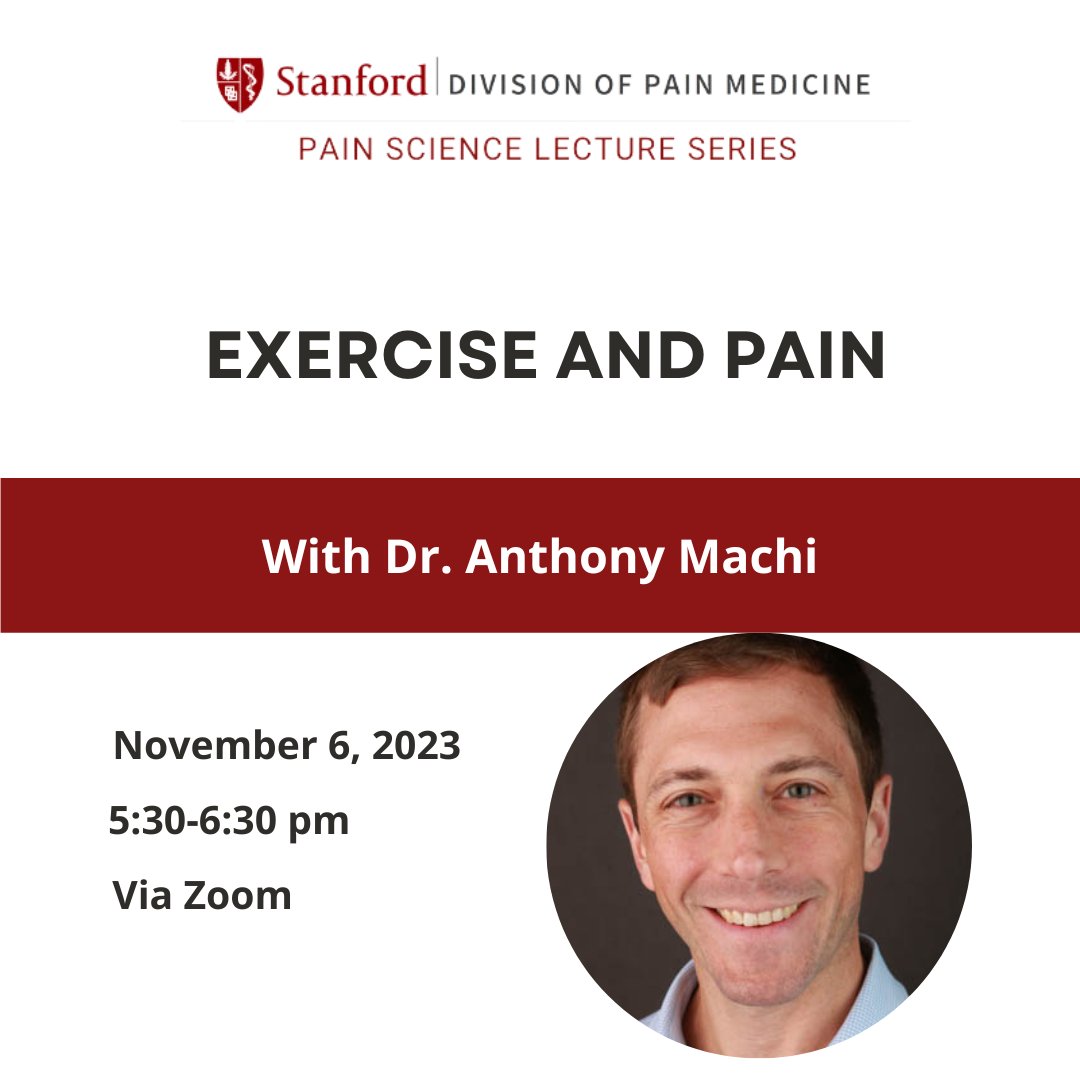 StanfordPain's tweet photo. Join us today for #PainScienceLectureSeries with Dr. Anthony Machi. His lecture titled, "Exercise and Pain" will be focused on the benefits of physical exercise for the treatment of chronic pain. Register here:
https://t.co/4p7d9kBket https://t.co/hPCz4tlnaU