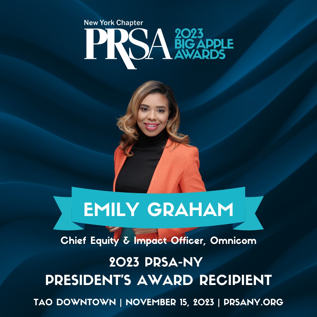 PRSA-NY is proud to honor Emily K. Graham, Omnicom’s Chief Equity & Impact Officer, with the 2023 PRSA-NY Big Apple President's Award. Emily's journey and achievements in PR and Strategic Comms have earned her numerous industry awards and recognition. #PRSANY