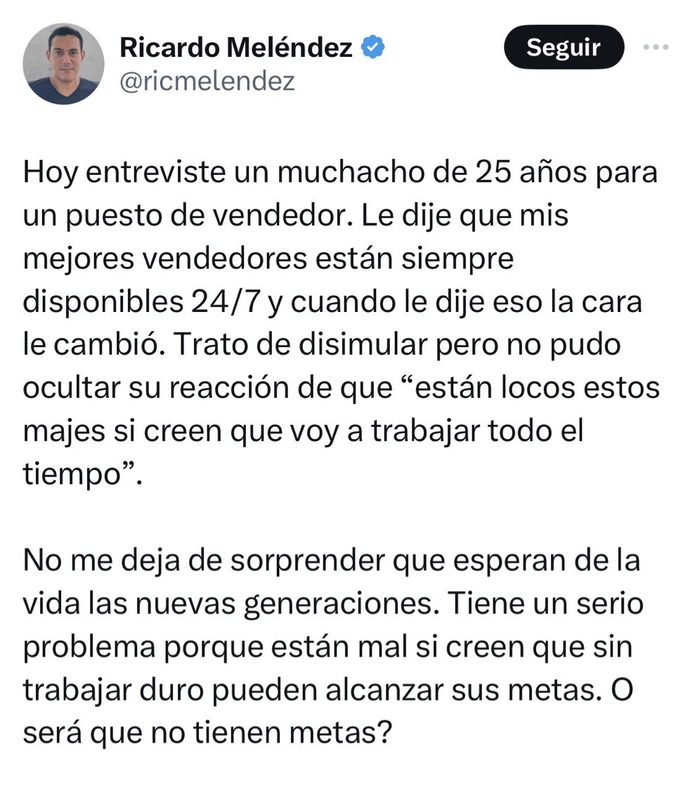 No me deja de sorprender  que esperan las viejas generaciones. Tienen un serio problema al pensar que dedicarle TODA tu vida al trabajo es sano, o que incluso es sostenible. ¿Será que su generación lo permitió y ahora quieren lo mismo para todo el mundo?