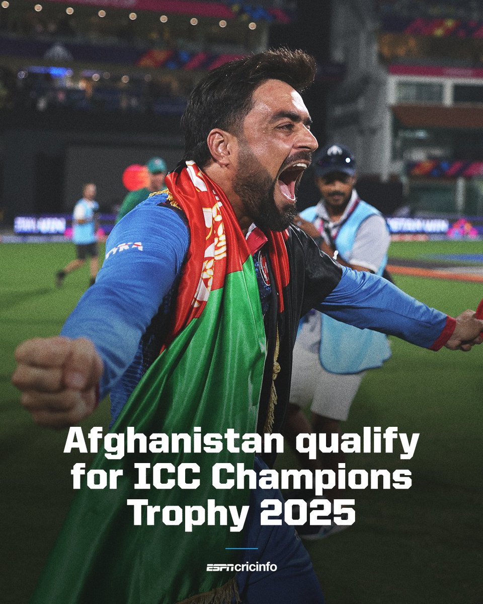 cricinfo's tweet photo. Afghanistan will be going to the ICC Champions Trophy for the first time in 2025 🙌

They are now confirmed to finish in the top eight at #CWC23 🇦🇫 https://t.co/o5q6TA4dbJ