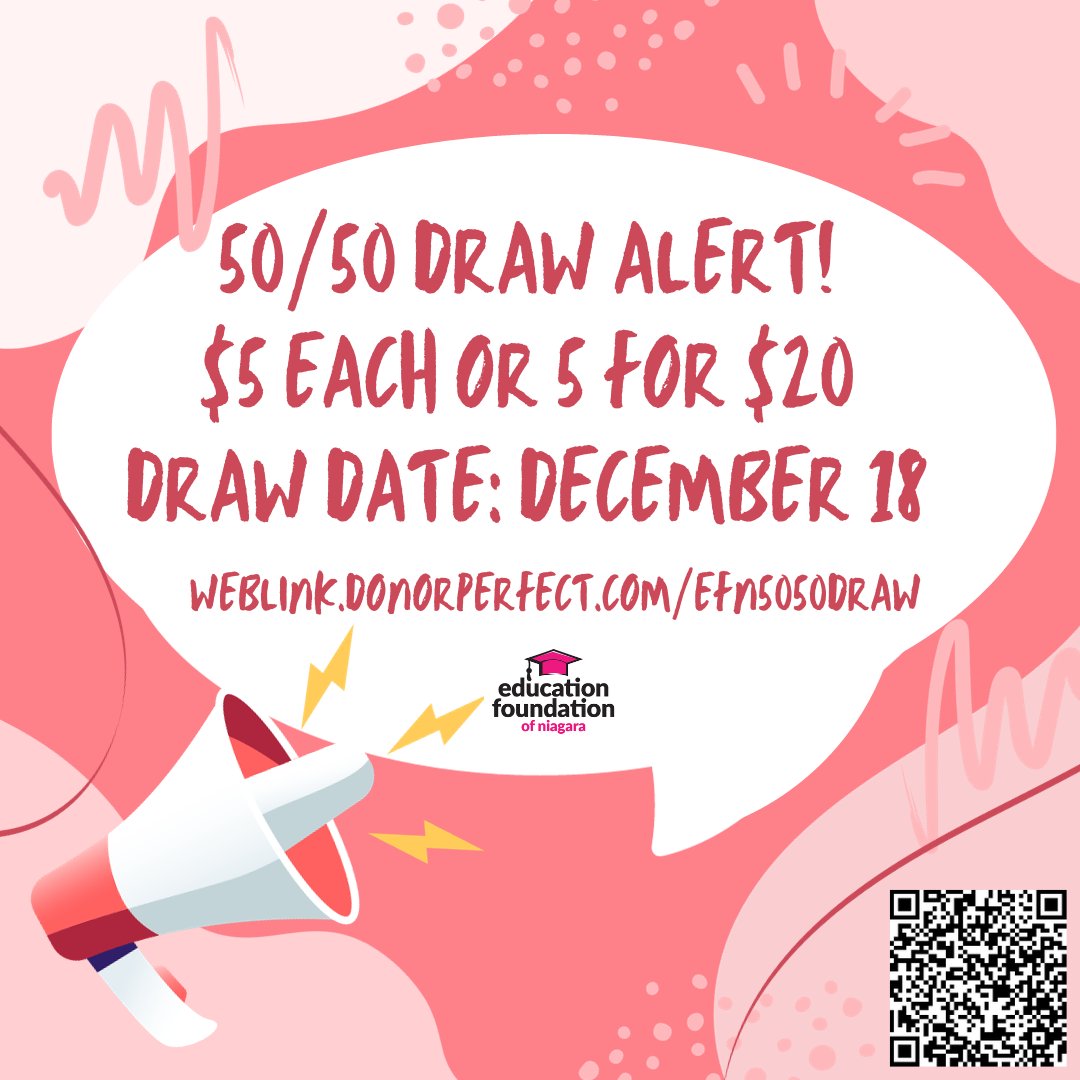 Education Foundation of Niagara (@efnniagara) on Twitter photo Please share this NEW way to support <a href="/dsbn/">District School Board of Niagara</a> students! 📣
We're launching a 2023-2024 school year 50/50 draw! The first Draw is on December 18, just in time for the holidays! Get your tickets here ($5 each or 5 for $20!): interland3.donorperfect.net/weblink/weblin…. Please share this NEW way to support <a href="/dsbn/">District School Board of Niagara</a> students! 📣
We're launching a 2023-2024 school year 50/50 draw! The first Draw is on December 18, just in time for the holidays! Get your tickets here ($5 each or 5 for $20!): interland3.donorperfect.net/weblink/weblin….