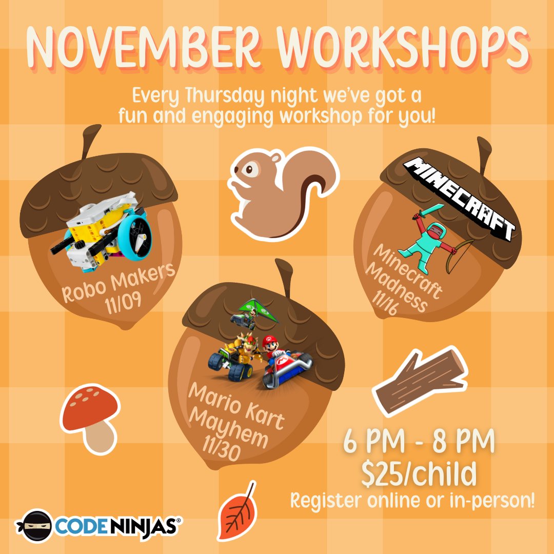 CodeNinjasALX's tweet image. This month's workshops are OPEN for registration! Sign up to make your child's week STEM-tastic!
#codeninjas #stemworkshops #kidsworkshop #minecraft #robotics #mariokart #videogames #kidswhocode #hiyah