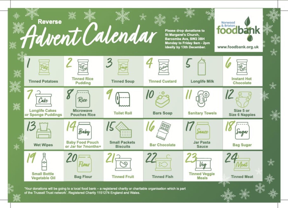 BrixtonFoodbank's tweet photo. How about trying our reverse advent calendar this year? 🎅

Why not get a group of people together (work, club, neighbours, family) and see if you can collect one or more of every item and help restock our shelves?!

Christmas is our busiest time and your donations mean so much. https://t.co/uatbUZAiv0