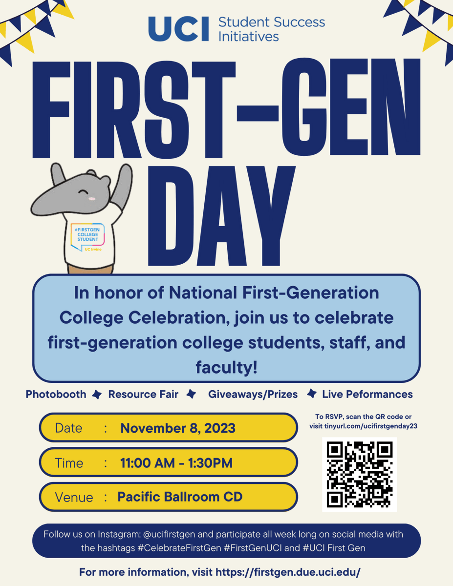 UCIrvine_MBA's tweet photo. @UCIrvine celebrates #FirstGenDay, recognizing 14,000+ students & faculty identifying as first-gen college students! 🎉
Take advantage of the many #CelebrateFirstGen opportunities #SSI has to offer this week! 🙌#UCIMerage #UCFirstGen #FirstGenUCI
More: https://t.co/IXiLjNb4EU https://t.co/64WDekpONo