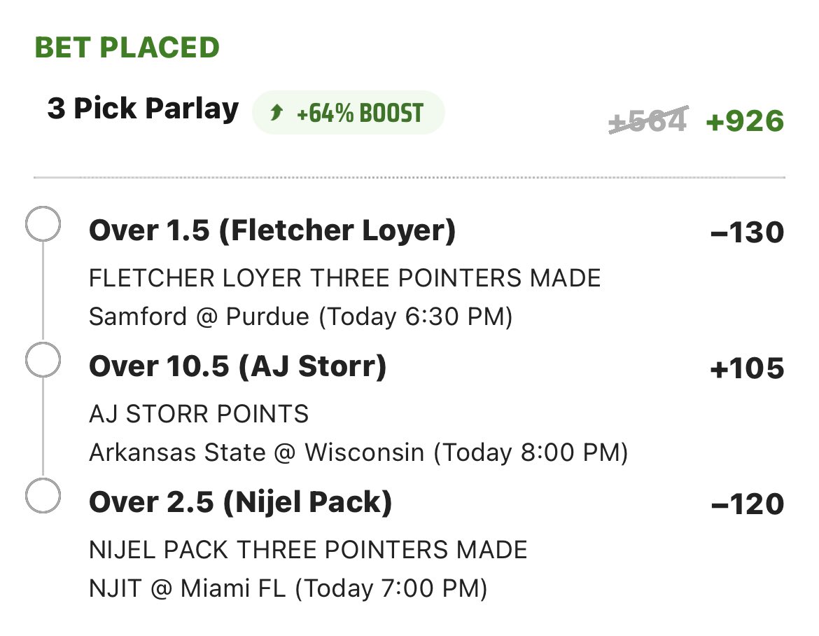 Twitter gets my lays. 

High-Volume guys that put up 4-6 3pt attempts per game. I see all 3 getting at least 2 tonight. First game in and these boys are gonna let it fly. 

#CBB #cbbpicks #gamblingx #DraftKings 

Make sure you’re following and in the @DeathRowVip cord for more