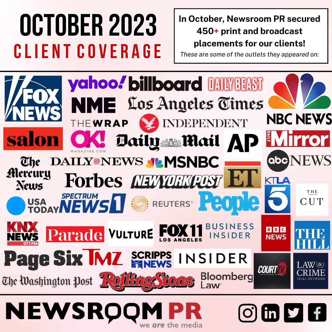 In the month of October, Newsroom PR had a whopping total of 450+ print and broadcast placements! Our team was able to get our clients featured in top news outlets such as @rollingstone @ABC and @FoxNews

#PRSuccess #LegalPR #MediaRelations #PressCoverage #Publicity #LegalMedia