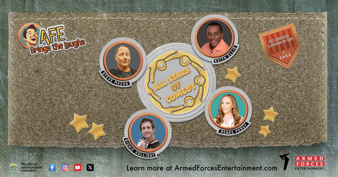 Prepare for a comedy constellation like no other as the All Stars of Comedy shine on stage, featuring stand-up comedians Keith Ellis, Richie Holliday, Renée Percy, and Steve Mazan this November! Come and laugh it up! Visit our website for more details: armedforcesentertainment.com/upcoming-tours…