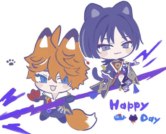 scaramouche (genshin impact) ,tartaglia (genshin impact) multiple boys 2boys animal ears tail blue eyes fox ears male focus  illustration images