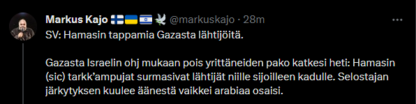 Osaako joku selittää mitä Markus Kajolle on tapahtunut?

Asiallisesti tukee Ukrainaa, mutta nyt lähtenyt kansanmurhan puolustuksen kelkkaan ja postailee jotain siionistien somehuhuja uutisina tänne?

Missä vaiheessa sen aivot on menneet näin pahasti rikki?