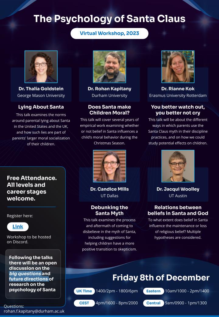 Thalia R. Goldstein (@thaliagoldstein) on Twitter photo Curious about the Psychology of Santa Claus (i.e. how we understand him, not his mental state)? Come to our free online workshop! Researchers, interested students, & elves of all kinds welcome. Talks, Q&As, open discussion. <a href="/CandiceMMills/">Dr. Candice Mills</a> Register: durhamuniversity.qualtrics.com/jfe/form/SV_.. Curious about the Psychology of Santa Claus (i.e. how we understand him, not his mental state)? Come to our free online workshop! Researchers, interested students, & elves of all kinds welcome. Talks, Q&As, open discussion. <a href="/CandiceMMills/">Dr. Candice Mills</a> Register: durhamuniversity.qualtrics.com/jfe/form/SV_..