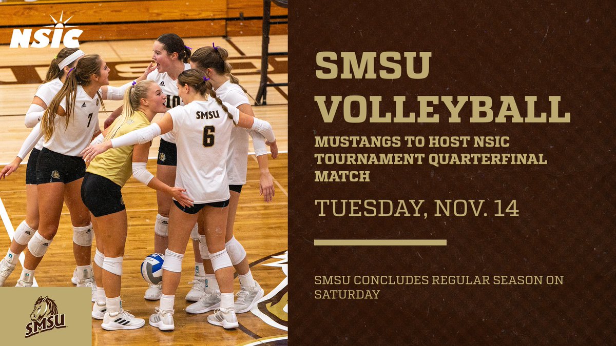 SMSUVolleyball's tweet photo. Save the date Mustang fans! SMSU has secured a home match for the quarterfinals of the NSIC Tournament on Tuesday, Nov. 14. 

But first... two BIG home matches this Friday and Saturday! #LetsRide https://t.co/3V9nLWjemB