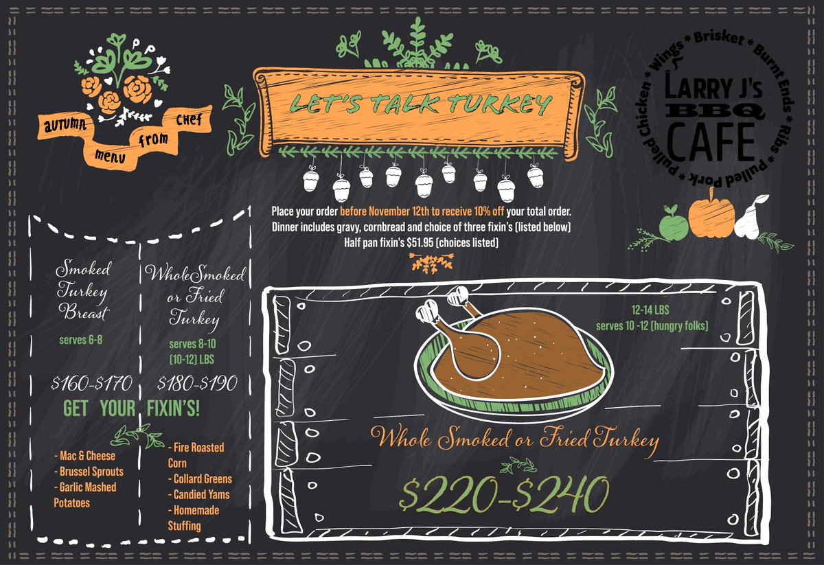 larryjsbbqcafe's tweet photo. It's your favorite Larry here again!
This is our chef inspired Autumn Menu so...
LET'S TALK TURKEY!
🥰😍😜😛🐔🍗🍖
**PRICES ARE LISTED**
Place your order before November 12th to receive 10% off your total order.
https://t.co/iKYRv27Mru
#larryjbbqcafe #seaportboston❤️ #bbqlovers https://t.co/R7KjAYfnh2