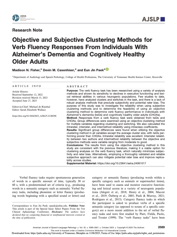 Congratulations to Audiology & Speech Pathology faculty Drs. Eun Jin Paek & Devin Casenhiser with MS student Madison Fisher, for their new publication in the American Journal of Speech-Language Pathology 
 DOI 10.1044/2023_AJSLP-22-00290