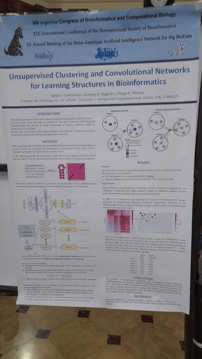 Y además se presentaron 4 posters: resultados de cientibecas de grado (aprendizaje por transferencia y ensambles para secuencias biológicas), doctorado (aprendizaje de similaridad entre compuestos) y postdoc (detección de modificaciones en reads de Nanopore con machine learning).