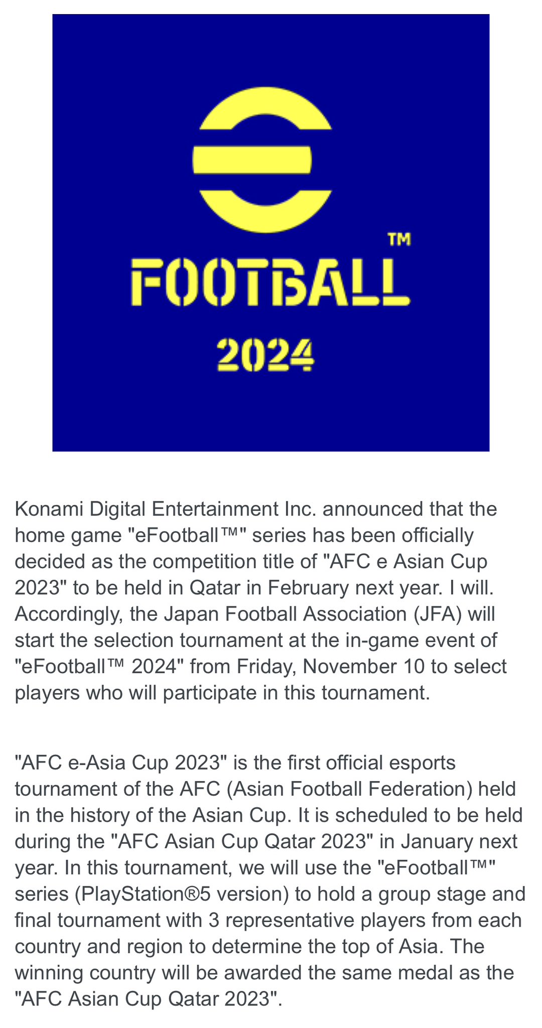 eFootball - [Announcement Regarding eFootball™ 2024] Please be aware that  we have received reports of fake websites that imitate the eFootball™  official website. Before logging in with your KONAMI ID, please check