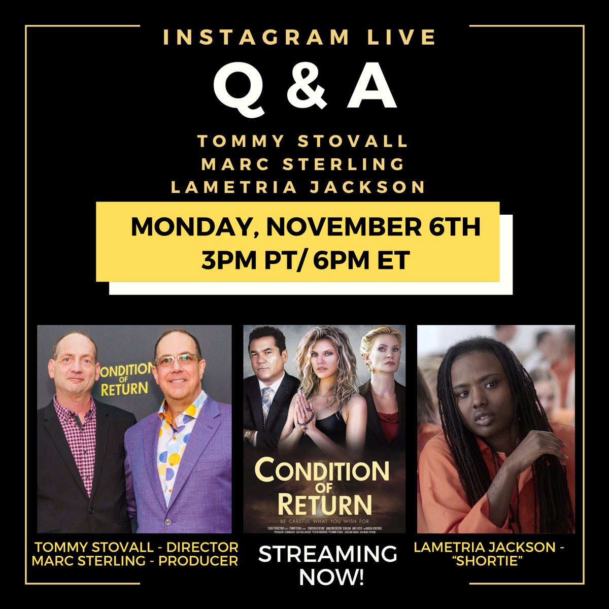 Conditionofret's tweet photo. Tune in today at 3p PT / 6p ET on Instagram Live on @conditionofreturn to hear a Q&amp;A with #LametriaJackson @tommystovall and @MarcSterling100 discussing @Conditionofret https://t.co/7kGkS5A2AB