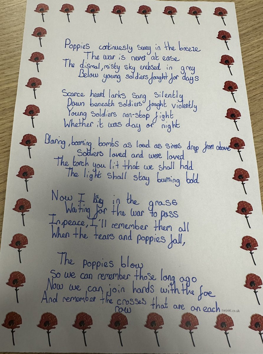 MissAKhan_'s tweet photo. In preparation for Remembrance Day, Year 6 have been studying the Poem ‘In Flanders Field’. Inspired by John McCrae they were very keen to get their poems written. @WestminsterBD3 https://t.co/6g4BE3nByi