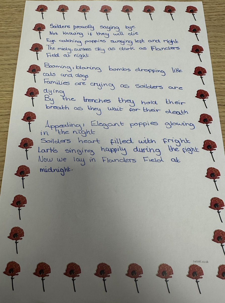 MissAKhan_'s tweet photo. In preparation for Remembrance Day, Year 6 have been studying the Poem ‘In Flanders Field’. Inspired by John McCrae they were very keen to get their poems written. @WestminsterBD3 https://t.co/6g4BE3nByi