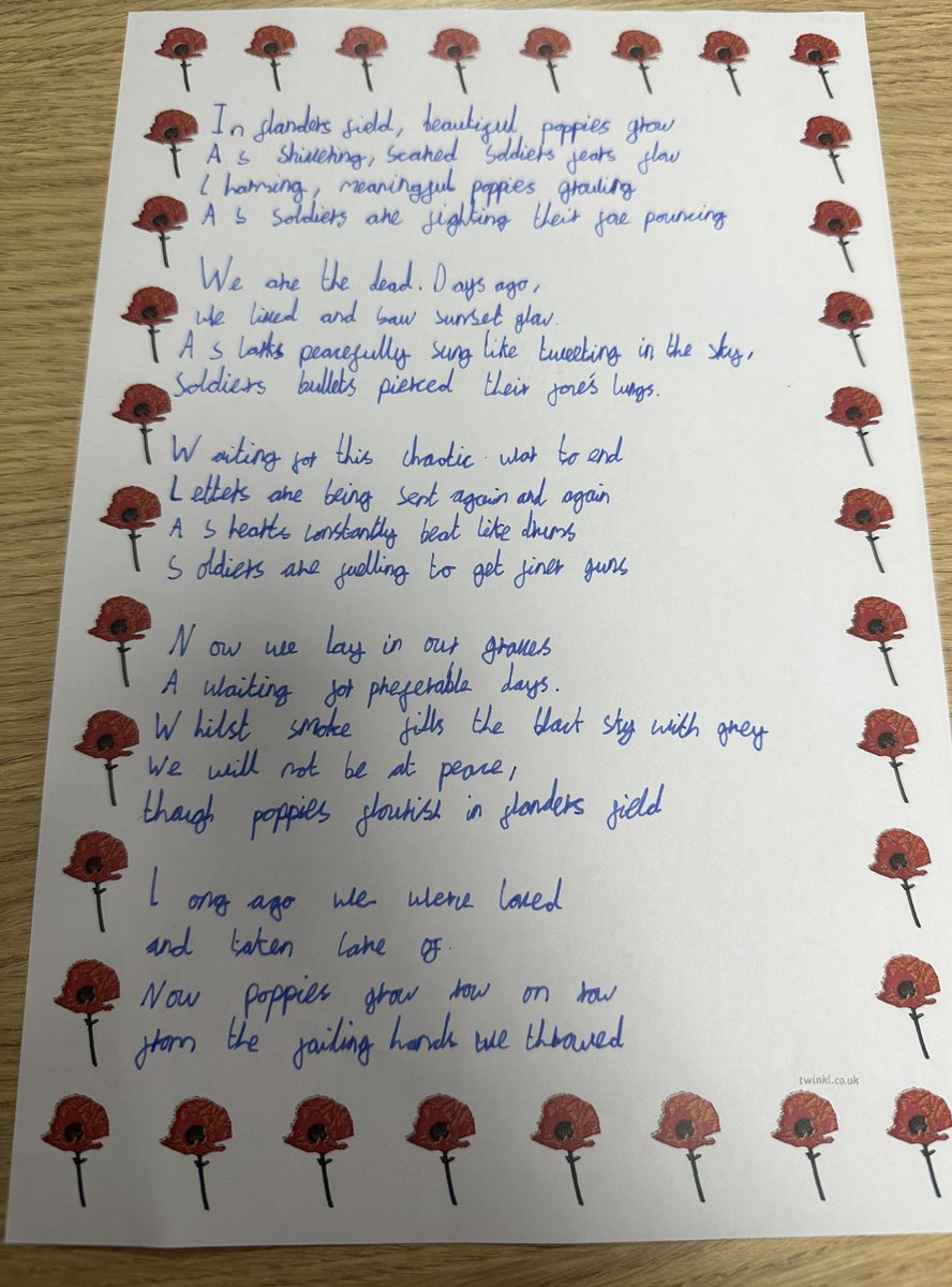 MissAKhan_'s tweet photo. In preparation for Remembrance Day, Year 6 have been studying the Poem ‘In Flanders Field’. Inspired by John McCrae they were very keen to get their poems written. @WestminsterBD3 https://t.co/6g4BE3nByi