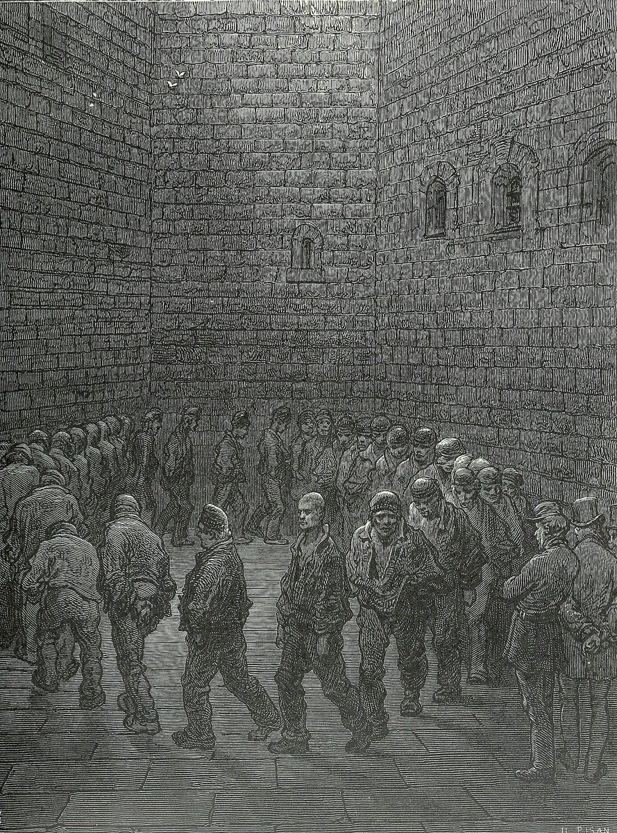 Newgate Prison Exercise Yard, 1872 by Gustav Doré in ‘London: a Pilgrimage’. I remember writing a paper for uni on Doré’s black and white illustration work and marvelling at how much he’d influenced later artists, including Van Gogh in 1890 (see quoted tweet below)
