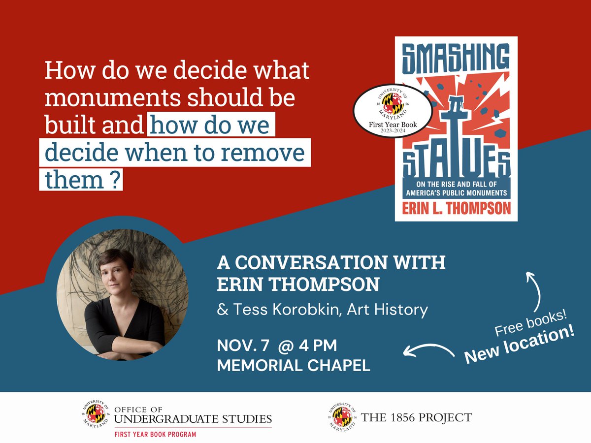 firstyearbook's tweet photo. @artcrimeprof Join us for an enlightening discussion between Erin L. Thompson and Professor Tess Korobkin. No RSVP is required. Take advantage of this opportunity to gain valuable insights.
#smashingstatues #erinlthompson #umd #fyb #event https://t.co/8mv6eYMEl7