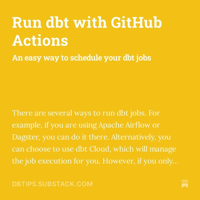 oleg_agapov_'s tweet image. New article alert! Learn how to run #dbt jobs with GitHub Actions and automate your data workflows. No external tools required!

[Link in the bio]

Subscribe to my newsletter for more #dbtips and tricks!
