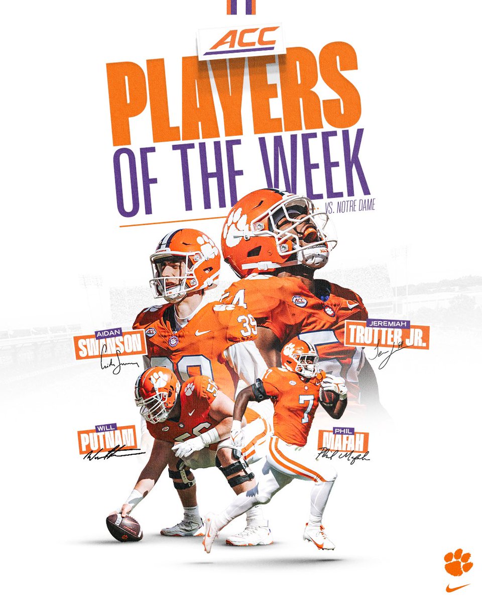 ☑️ Phil Mafah ☑️ Will Putnam ☑️ Jeremiah Trotter Jr. ☑️ Aidan Swanson Clemson tied a school record with four ACC Player of the Week selections on Monday. 📰: clemsontigers.com/four-tigers-ac…