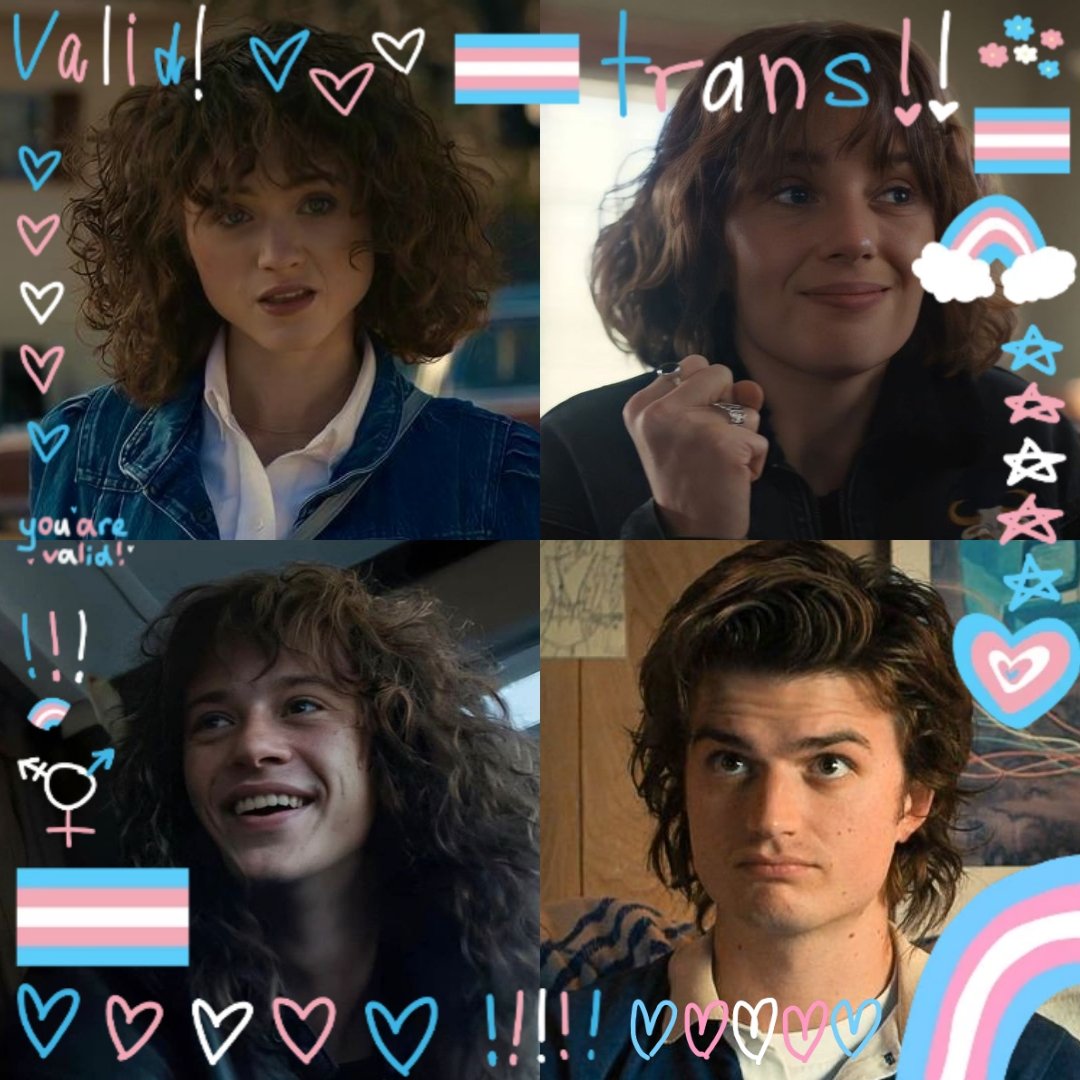 Happy #StrangerThingsDay !! We hope everyone has fun today and remember: The Fruity Four is sooo transgender 🩷🩵🤍