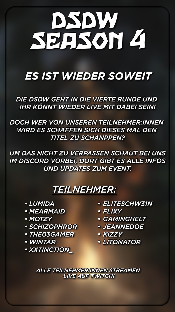 Motzy_Live's tweet photo. Aufgepasst, Freunde von Schmerz, Leid und Salz!
Die #DSDW #Darksouls #Challenge ist bereits in der 4ten Runde und ich bin nominiert worden um wieder teilzunehmen, wenn ihr nichts verpassen wollt, dann schaut die Tage auf @TwitchDE vorbei! 😎 https://t.co/VWR4jR3L60