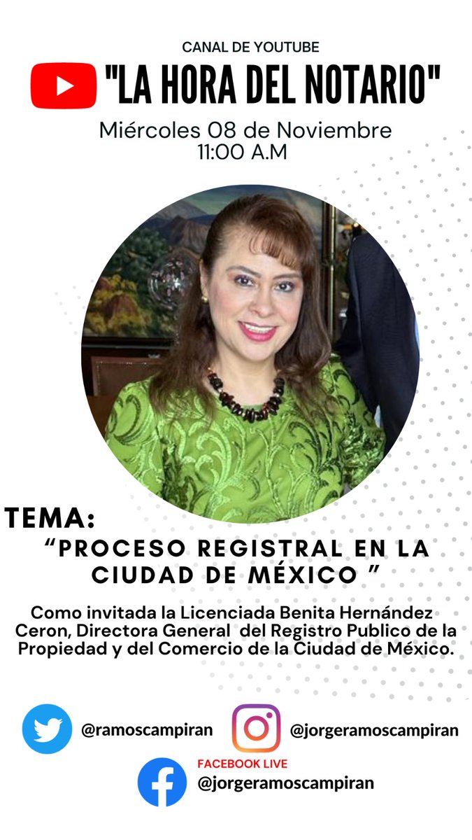 #LAHORADELNOTARIO 8 de Nov  a las 11 am. 
Con el tema:
“PROCESO REGISTRAL EN LA CIUDAD DE MÉXICO”
Con la participación de la  Licenciada Benita Hernández Cerón, Directora General del Registro Público de la Propiedad y del Comercio de la Ciudad de México
<a href="/notariadomex/">Notariado Mexicano</a> <a href="/RPPyC_CDMX/">Registro Público de laPropiedad y de Comercio CDMX</a>