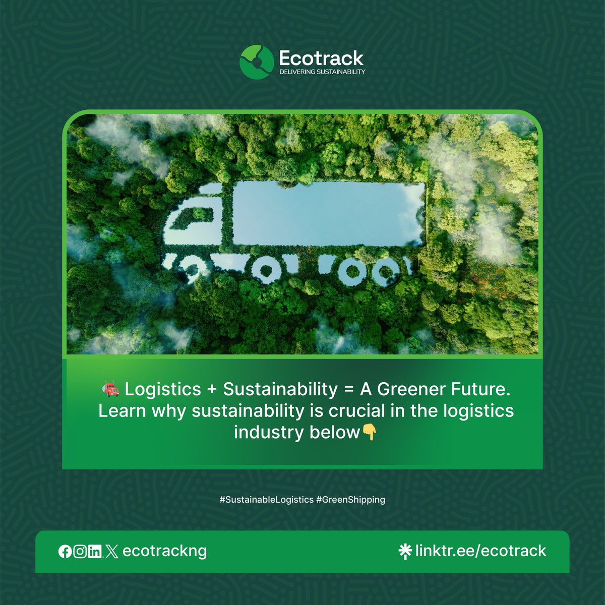 ecotrackng's tweet photo. 🚛 Welcome to a Greener Future♻️🌱
It all begins with ECOTRACK
#SustainableLogistics #ecotrack https://t.co/cVy8Gr6ylO
