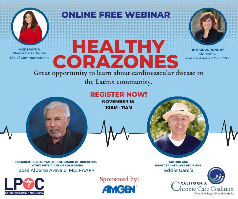CAChronicCare's tweet photo. Do you know the risk factors for cardiovascular disease in the Latinx community? Learn from Dr. Arevalo, President of @LPOC_LatinxMDs, and @EastsideEddieG and register for our FREE "Healthy Corazones" webinar today! https://t.co/a4y2SET6oD https://t.co/fCdUknx8VA