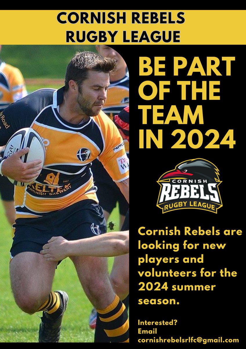 We want you!

Join the Rebels as a player or volunteer for 2024

No rugby league experience is necessary, just a eagerness to try something new and get involved

Expressions of interest should be sent to cornishrebelsrlfc@gmail.com or send us a message

#UpTheRebels 🖤💛
