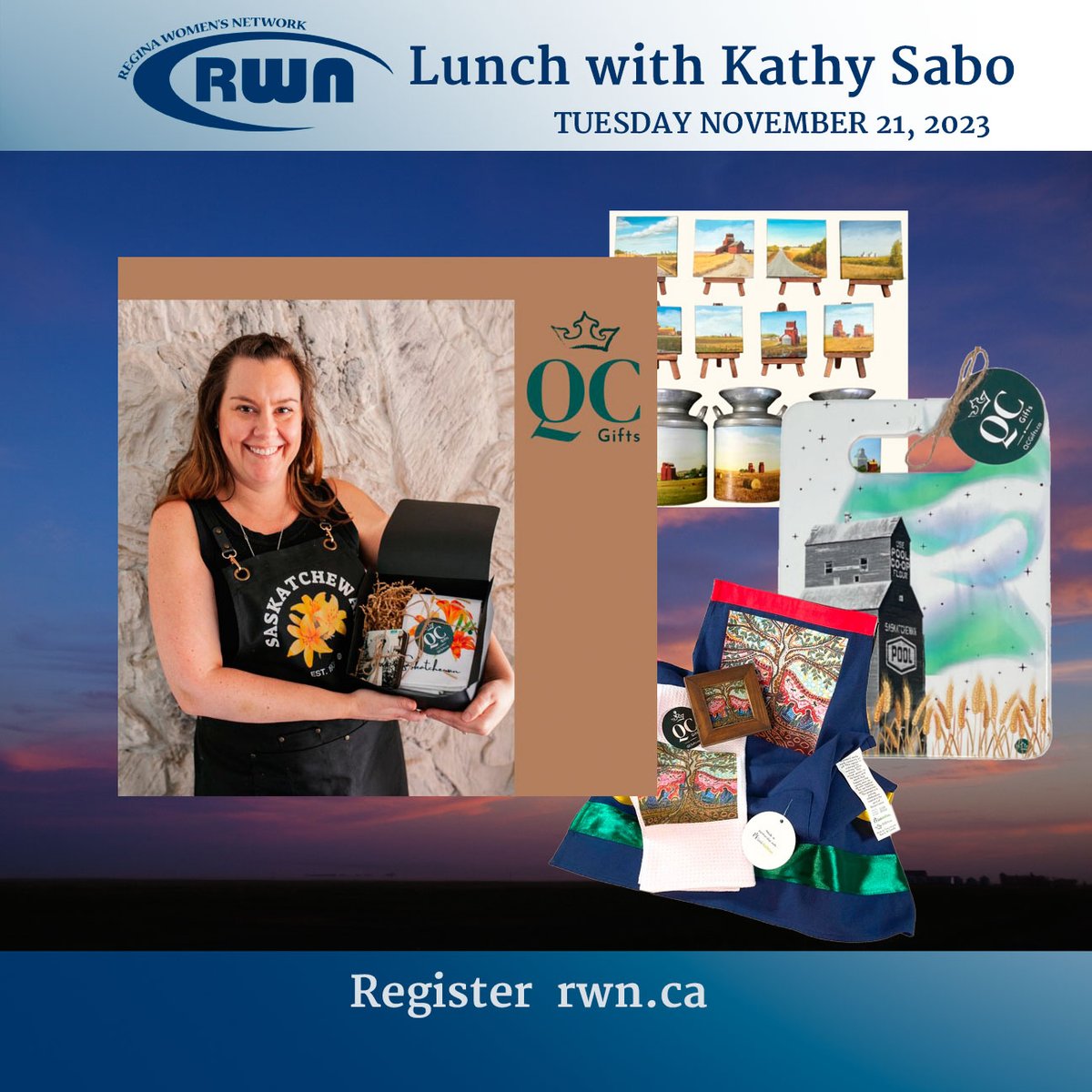 RWomensNetwork's tweet photo. Join us for lunch and meet Kathy Sabo, the creative force behind https://t.co/V8KMzbJwPy, Kathy invites you to explore the beauty and diversity of Saskatchewan through the unique offerings of https://t.co/V8KMzbJwPy. https://t.co/yDoAd89OBs