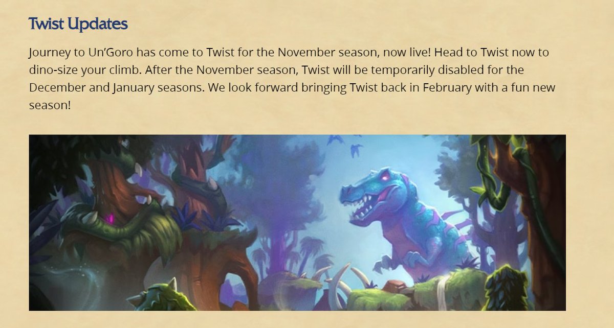 DrB00mer's tweet photo. Terrible decision IMO. If you ran out of ideas or development resources, just leave Twist running with the un'goro format. Would at least give people more time to play with the cards they bought/crafted. #Hearthstone https://t.co/pO30oBPoBn