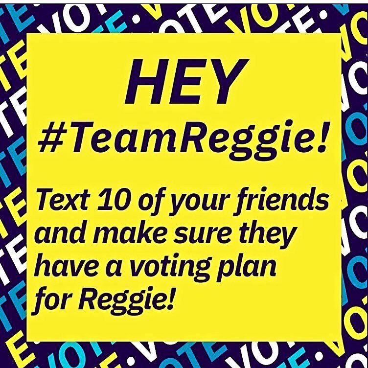Hey Team Reggie! Election Day is tomorrow. Make sure you have a plan to vote AND text 10 friends and make sure they have a plan to vote! #ourbestdaysareahead