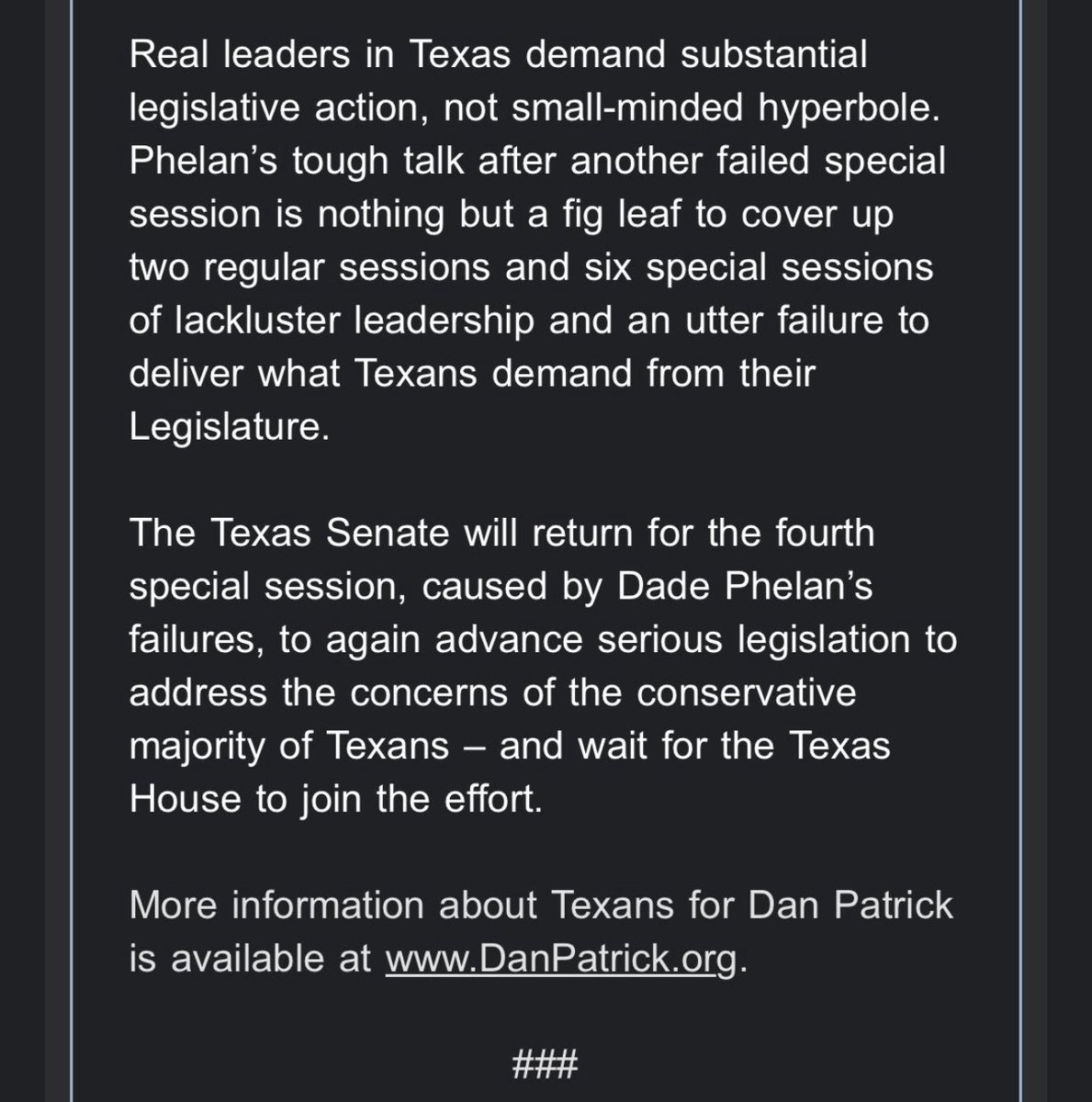While there are many good things happening across TX this primary cycle, by far one of the most encouraging is that door-to-door Republicans are being rapidly red-pilled about Dade Phelan and his gang.

Thank you for speaking out, <a href="/DanPatrick/">Dan Patrick</a>. #txlege