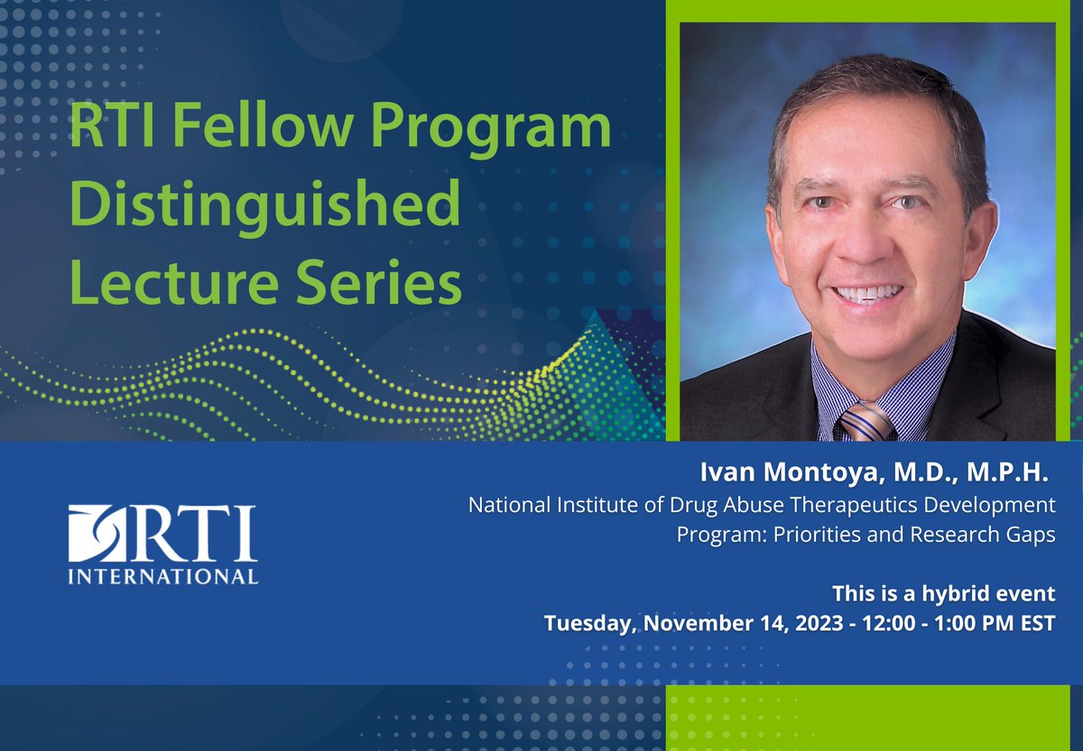 RTI_Intl's tweet photo. Mark your calendars for an insightful talk on innovative addiction treatment approaches. Dr. Ivan Montoya from the National Institute of Drug Abuse Therapeutics Development Program will be sharing his expertise at our RTI Fellow Seminar Series. Register: https://t.co/essHORoeNl https://t.co/B6ZX9gBWB3
