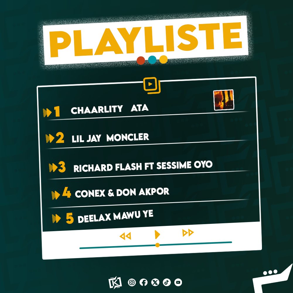 Diskutsmedia's tweet photo. PLAYLIST.
Nous vous présentons notre playlist de la semaine.
1. Chaarlity Ata
2. @LiljayBingerack Moncler
3. RICHARD FLASH OFFICIEL FT Sessimè Oyô
4. Conex et Don Akpor
5. Deelax228 Mawe ye
#diskuts #music #media #musicbeninoise #playlist https://t.co/BZ8cBF5adv
