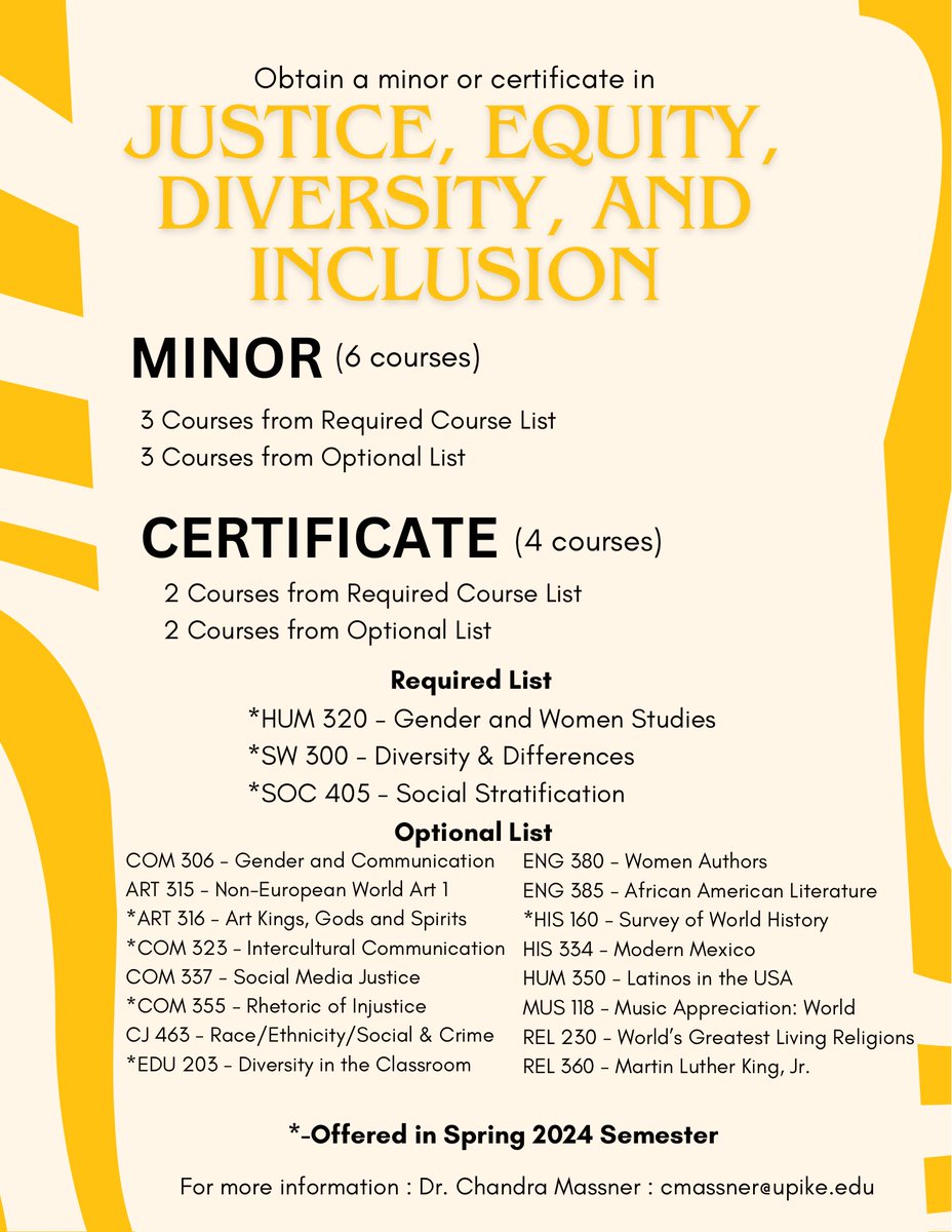 Looking to add a minor or certificate to your course plan? These are two excellent options. For more information email Dr. Massner.