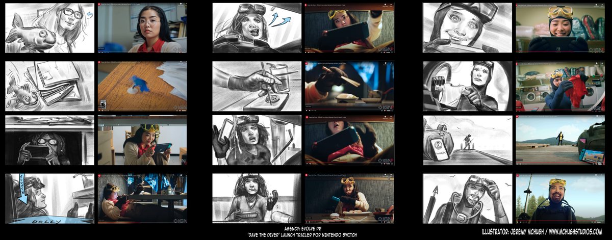 It's always fun to see how a trailer ✨evolves✨ from concept to creation. Check out this cool side-by-side of our Dave the Diver live-action launch trailer from storyboard to release, by the wonderful storyboard artist @jeremymchugh. <a href="/DaveDiverGame/">DAVE THE DIVER</a>