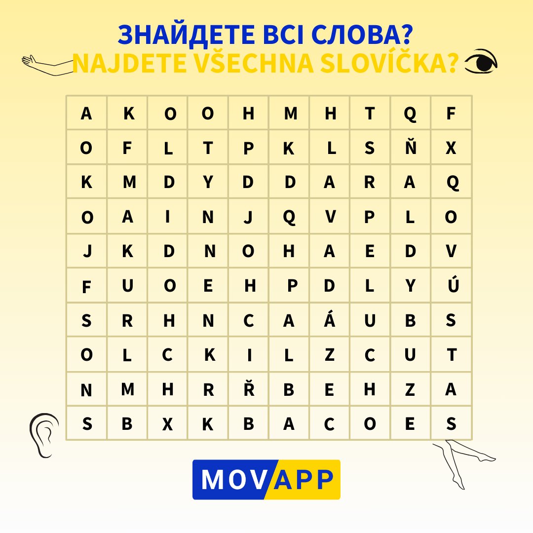 movappcz's tweet photo. 🇺🇦 Вам подобаються головоломки з пошуку слів?  У цій ми заховали 14 частин людського тіла. 🤚👂 Знайдете їх? ✏️
🇨🇿 Máte rádi osmisměrky? Do téhle jsme vám ukryli 14 částí lidského těla. 🤚👂 Objevíte je? ✏️
#чеськамова #чеськадляукраїнців #чеськаонлайн #ceskyjazyk #osmismerka https://t.co/S4CoGmfoSi