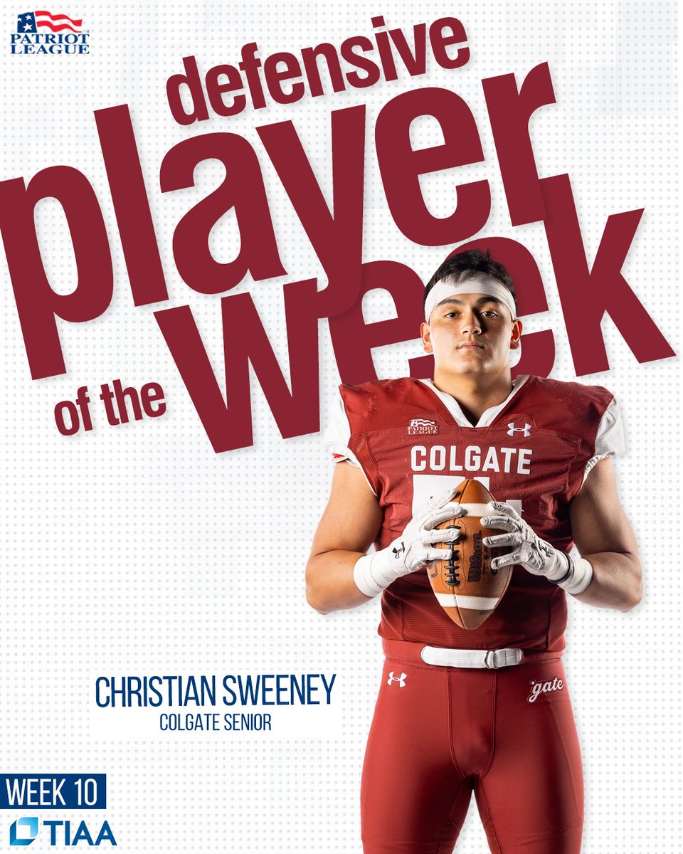 𝟮𝟬𝟮𝟯 𝗣𝗮𝘁𝗿𝗶𝗼𝘁 𝗟𝗲𝗮𝗴𝘂𝗲 𝗙𝗼𝗼𝘁𝗯𝗮𝗹𝗹 𝗪𝗲𝗲𝗸𝗹𝘆 𝗔𝘄𝗮𝗿𝗱𝘀

Sweeney finished with eight tackles, 3.0 TFLs, two sacks, one forced fumble and a fumble recovery to lead Colgate's defense in a 37-34 OT win vs. No. 16/20 Lafayette.

🔗 bit.ly/3QLGckB