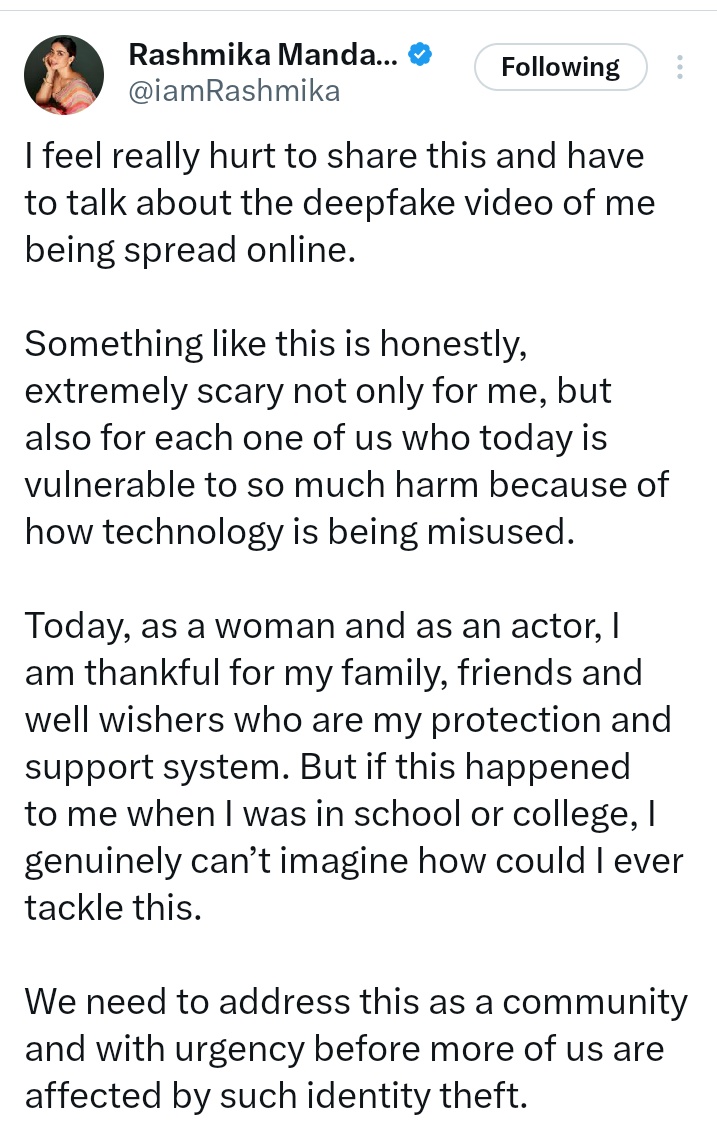 zmw567's tweet photo. Totally agree with her @iamRashmika 
Govt. should be make a law for using AI, Deepfeke technologies..... https://t.co/kpvzvjmhig