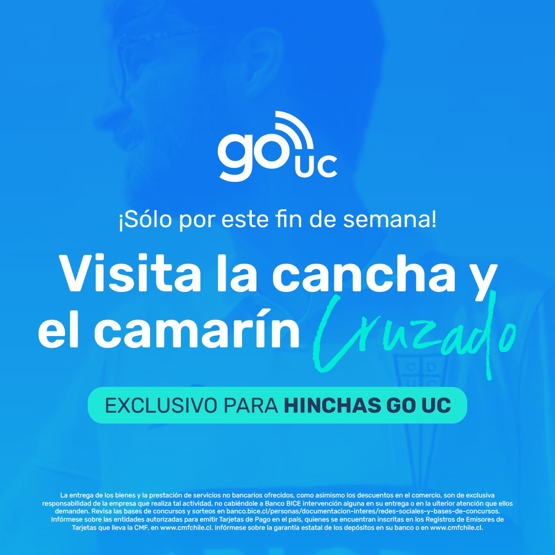 Cruzados's tweet photo. ¿Eres Hincha #GoUC @bancobice? ☝️
¡Participa de esta experencia! 3️⃣ afortunados #GoUC (más acompañante) podrán ganar 🎟️ para este Clásico Universitario y disfrutar de un tour especial en la previa 🏟️💫
Inscríbete ➡️ https://t.co/egxgh2DJQe
Sé #GoUC ➡️ https://t.co/K3hq6Rv81f https://t.co/ZgXdQKBj8H