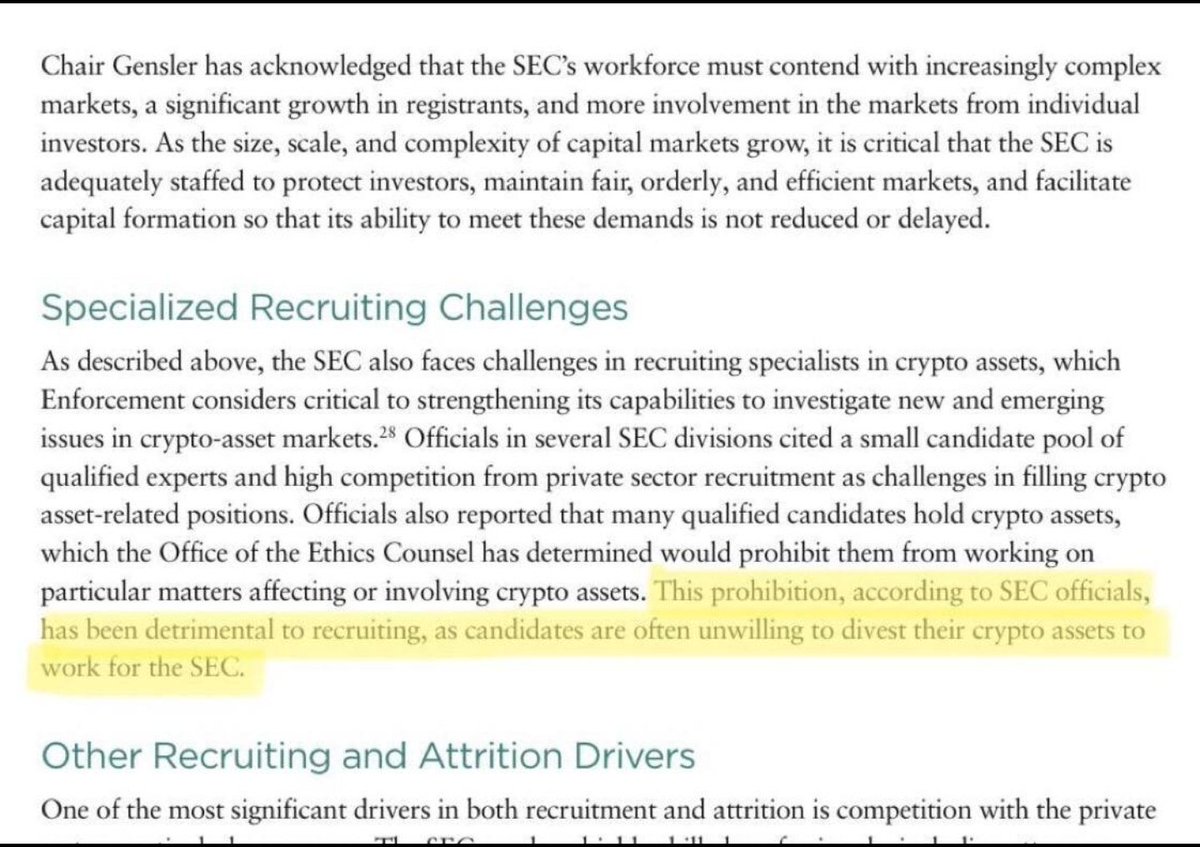 Ethelik0's tweet photo. SEC is having trouble hiring Bitcoin and crypto experts, because of a rule that they must sell their assets https://t.co/ysNGSENTWl