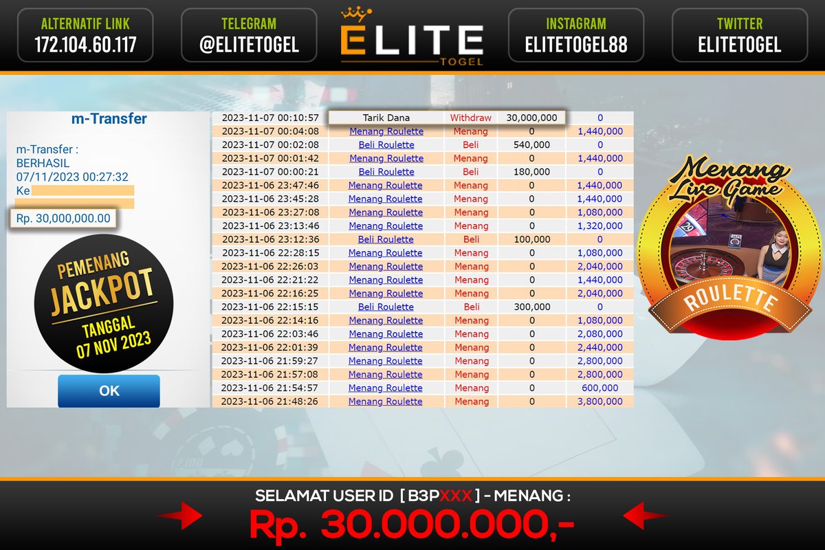 EliteTogel's tweet photo. HOLY ELITE !!

Kami Ucapkan Congrats Teruntuk Member Setia User Id : B3Pxxx
Telah Memenangkan 30 JUTA Pada Permainan ROULETTE Pada Tanggal 07 November 2023

Segera Ikuti kami untuk mendapatkan informasi menarik lebih lanjut! https://t.co/NcwIetnwwi