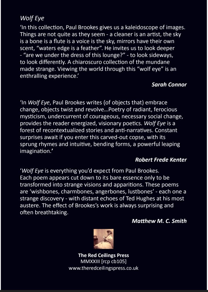 PaulDragonwolf1's tweet photo. #WolfEye Here is a sneak peak at the back cover of my forthcoming pocket book from Red Ceilings Press. Thankyou to @MatthewMCSmith @sacosw and @frede_kenter for the testimonials:
Pre-orders are open. One from me will be numbered, signed with a special poem in the back: https://t.co/WasNDv91zY