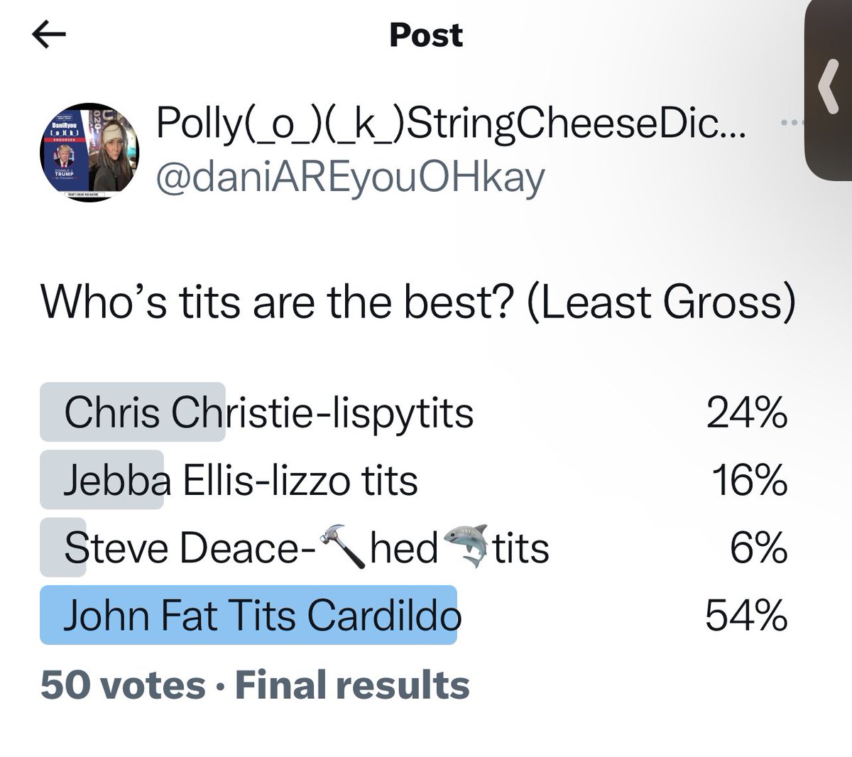 Ladie and Gentlemen and MFs identifying as shit they’re not.. we have a winner, FatTits Cardildo moves onto Finals where he will face FlyTetas n Party Tits in an a HEAVY hittin, titty-tactic sweater puppy showdown. It will be a mammary to reMAMBER.. byob (last b is bra)